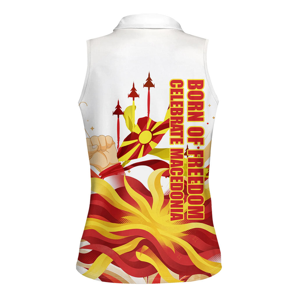 North Macedonia Independence Day Women Sleeveless Polo Shirt Ilinden Monument Raised Fist Jets Flag