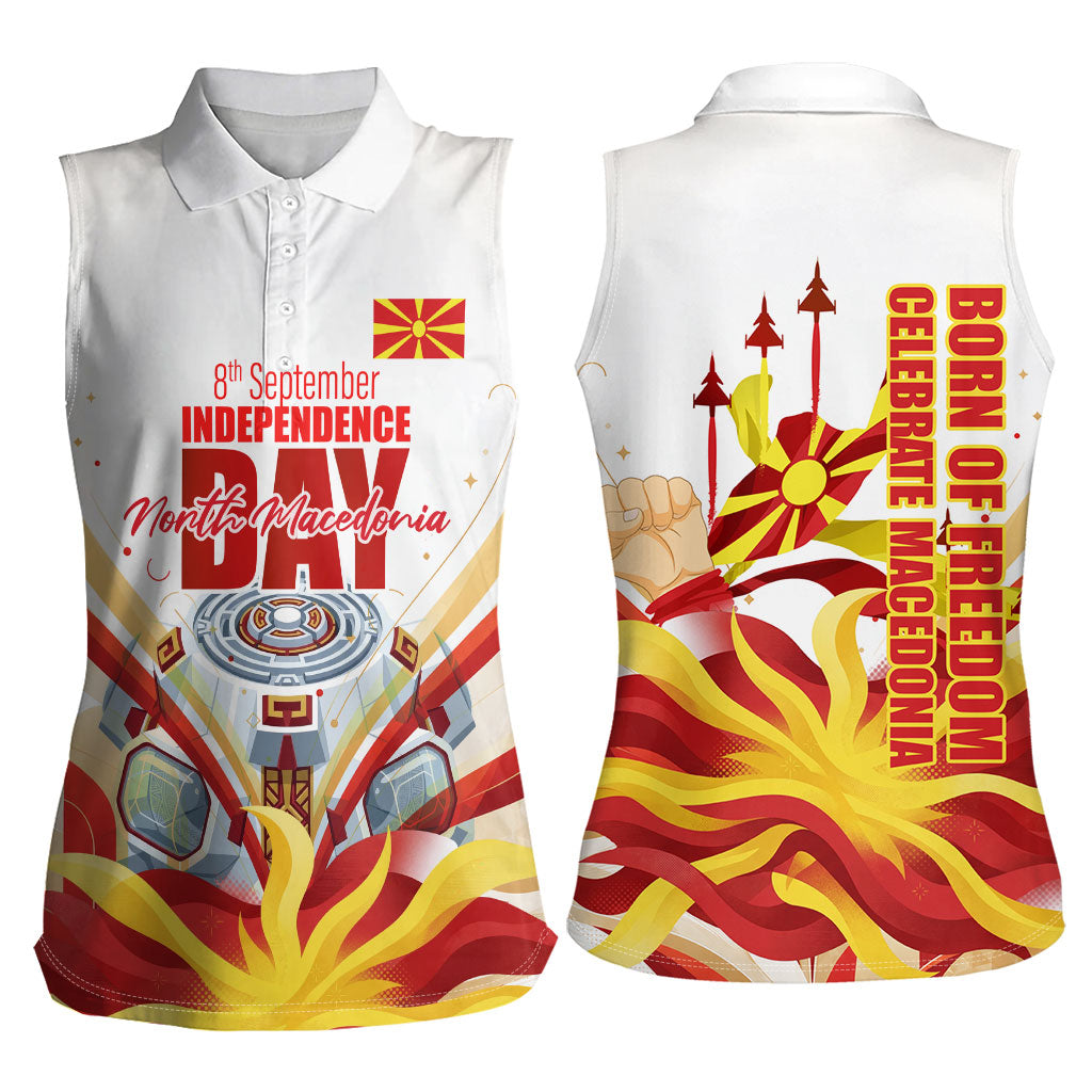 North Macedonia Independence Day Women Sleeveless Polo Shirt Ilinden Monument Raised Fist Jets Flag