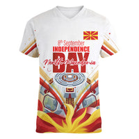 North Macedonia Independence Day Women V-Neck T-Shirt Ilinden Monument Raised Fist Jets Flag