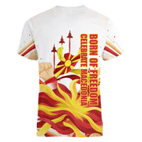 North Macedonia Independence Day Women V-Neck T-Shirt Ilinden Monument Raised Fist Jets Flag