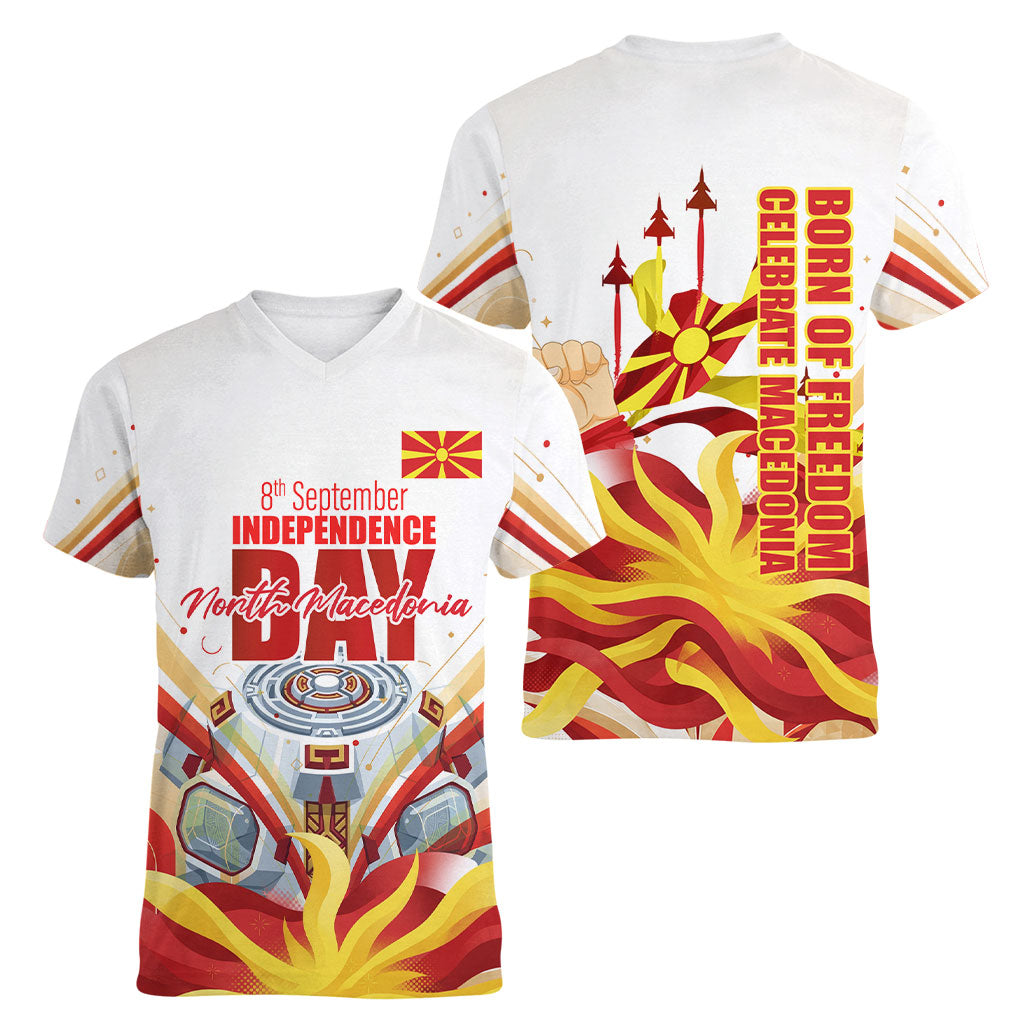 North Macedonia Independence Day Women V-Neck T-Shirt Ilinden Monument Raised Fist Jets Flag