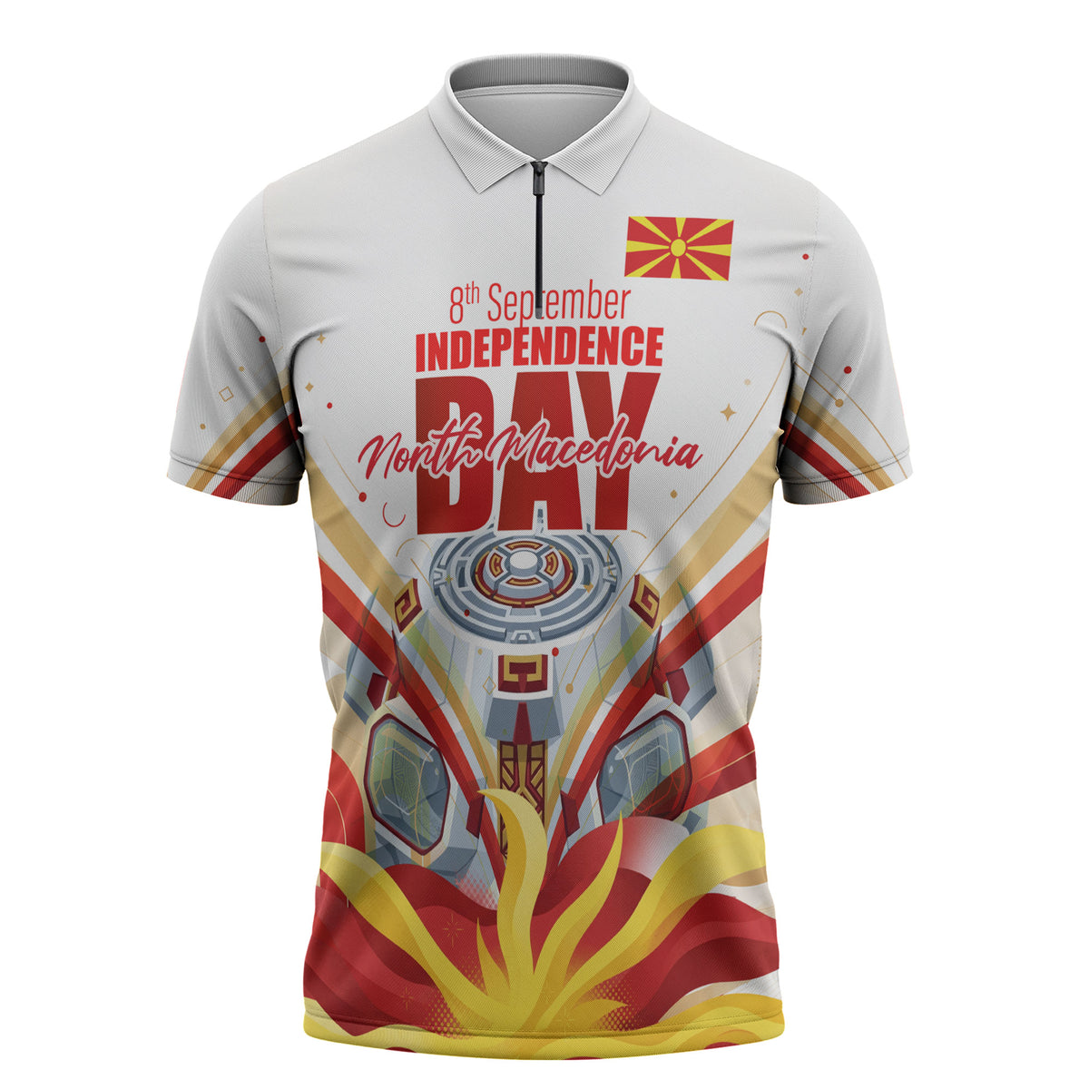 North Macedonia Independence Day Zipper Polo Shirt Ilinden Monument Raised Fist Jets Flag