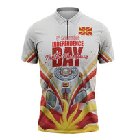 North Macedonia Independence Day Zipper Polo Shirt Ilinden Monument Raised Fist Jets Flag