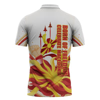 North Macedonia Independence Day Zipper Polo Shirt Ilinden Monument Raised Fist Jets Flag