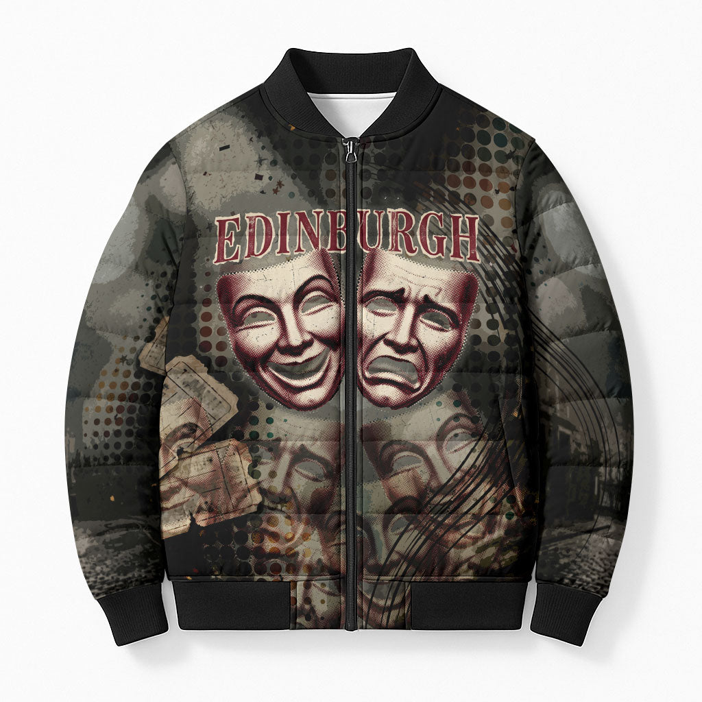 Edinburgh Fringe Bomber Puffer Jacket Scotland Fringe Arts Comedy Tragedy Masks Castle Moon