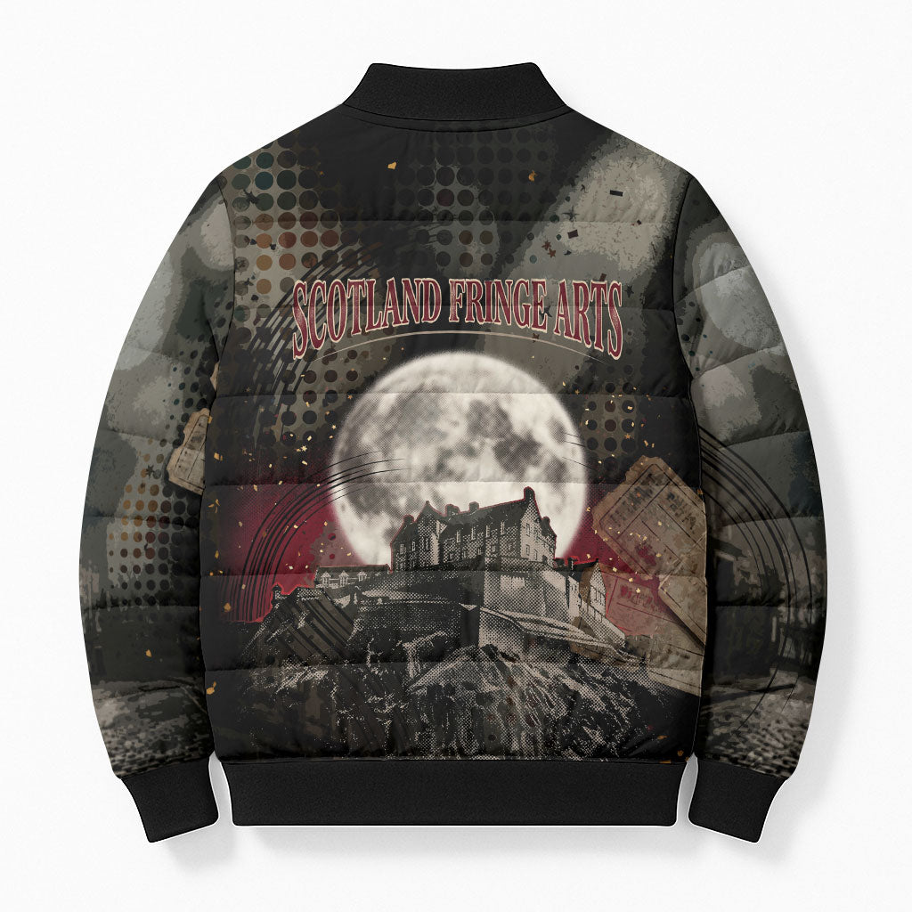 Edinburgh Fringe Bomber Puffer Jacket Scotland Fringe Arts Comedy Tragedy Masks Castle Moon