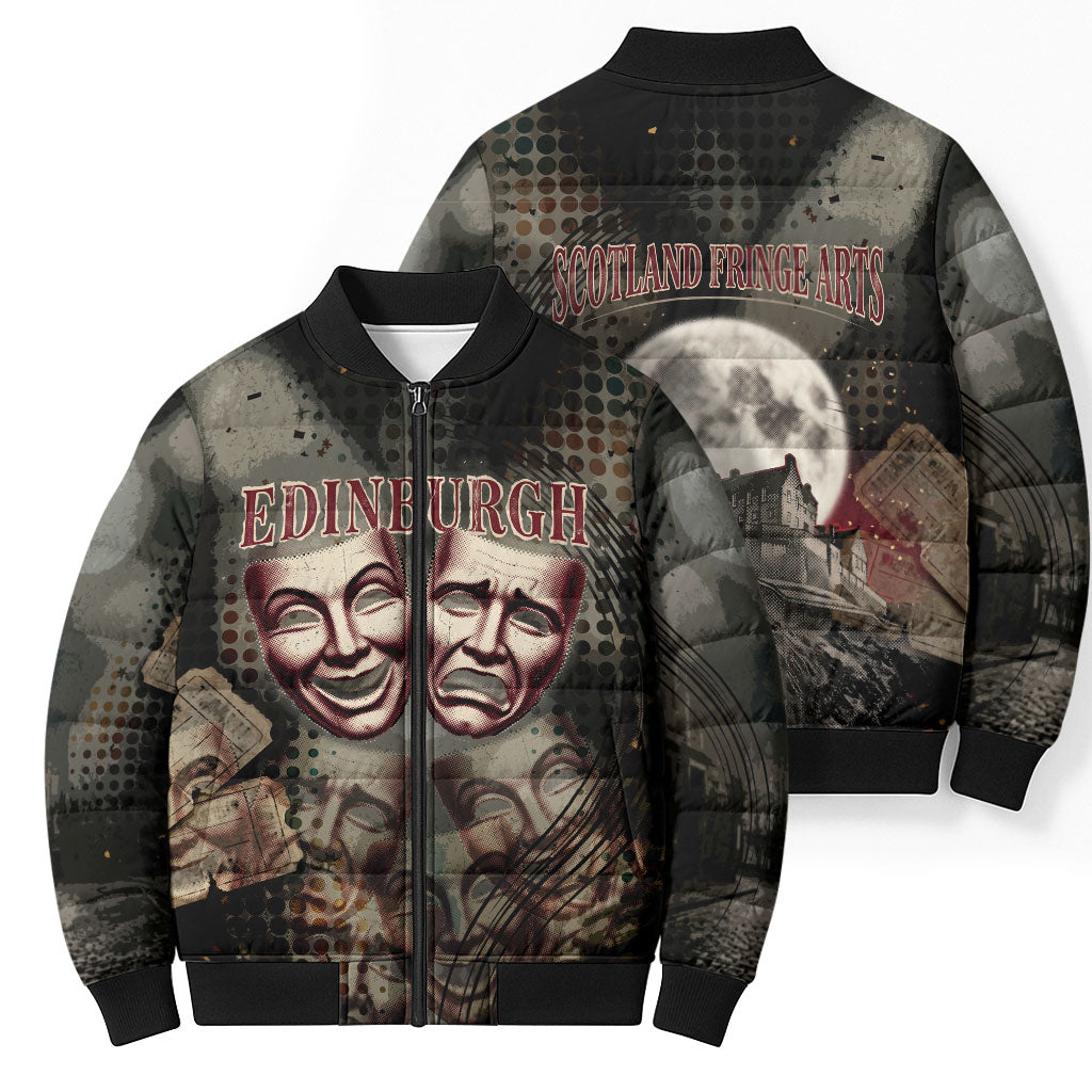 Edinburgh Fringe Bomber Puffer Jacket Scotland Fringe Arts Comedy Tragedy Masks Castle Moon