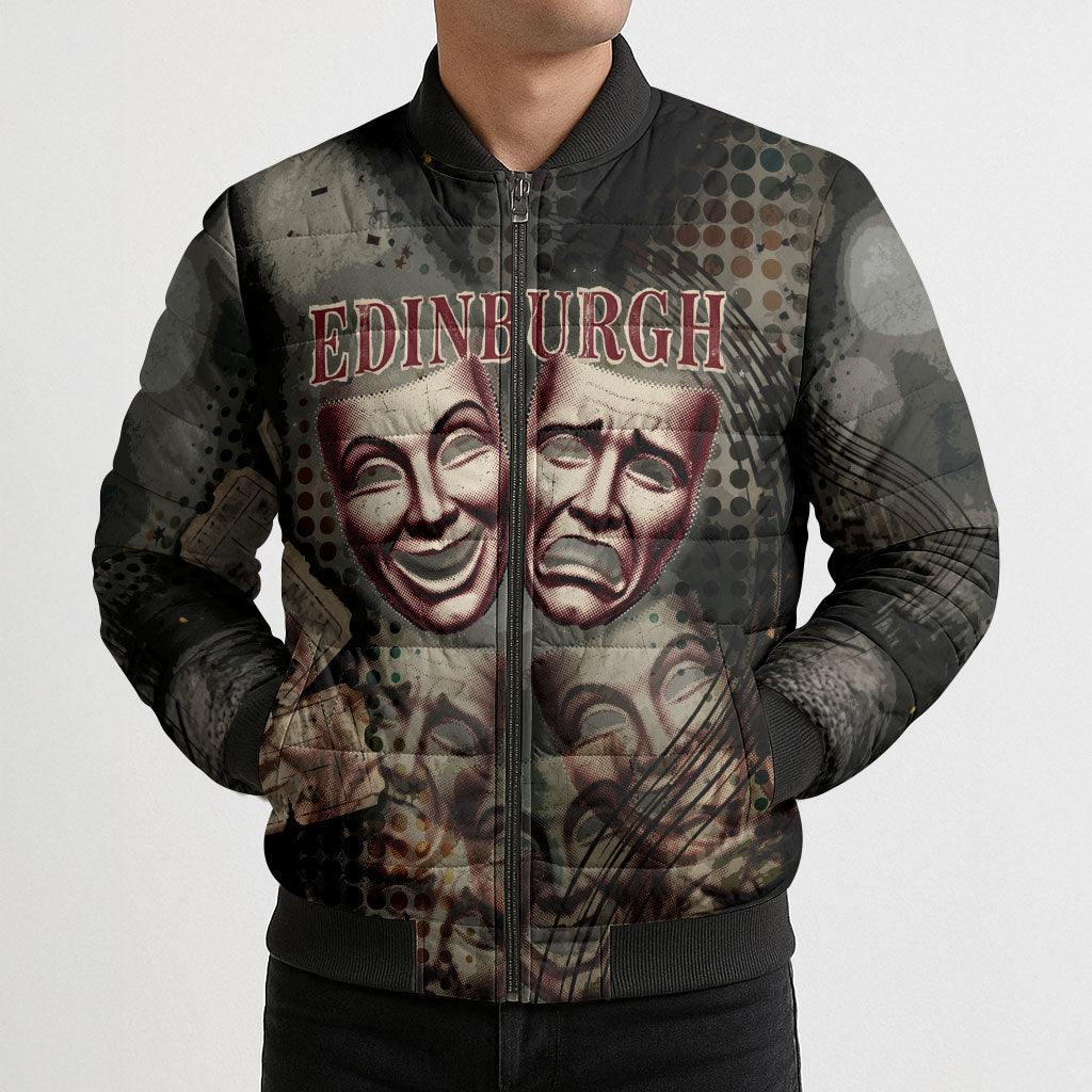 Edinburgh Fringe Bomber Puffer Jacket Scotland Fringe Arts Comedy Tragedy Masks Castle Moon