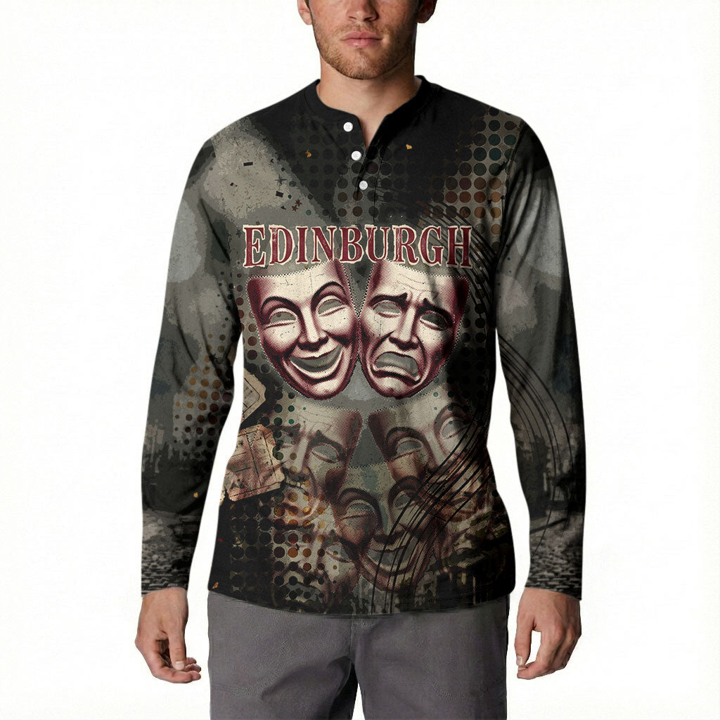 Edinburgh Fringe Button Sweatshirt Scotland Fringe Arts Comedy Tragedy Masks Castle Moon