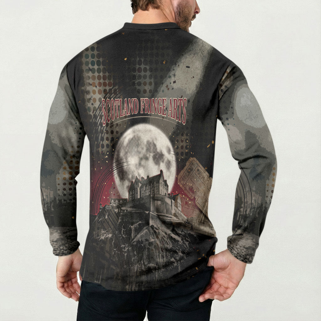 Edinburgh Fringe Button Sweatshirt Scotland Fringe Arts Comedy Tragedy Masks Castle Moon
