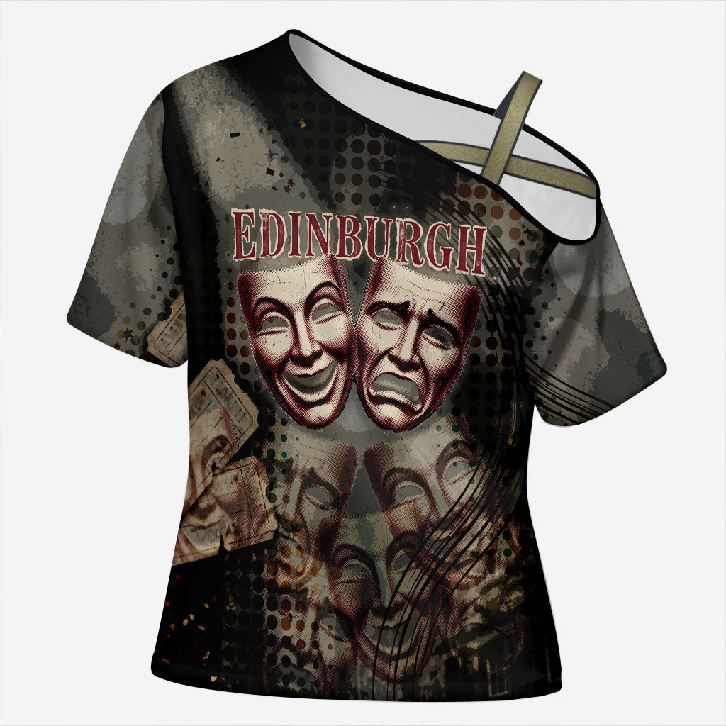 Edinburgh Fringe Cross Shoulder Shirt Scotland Fringe Arts Comedy Tragedy Masks Castle Moon