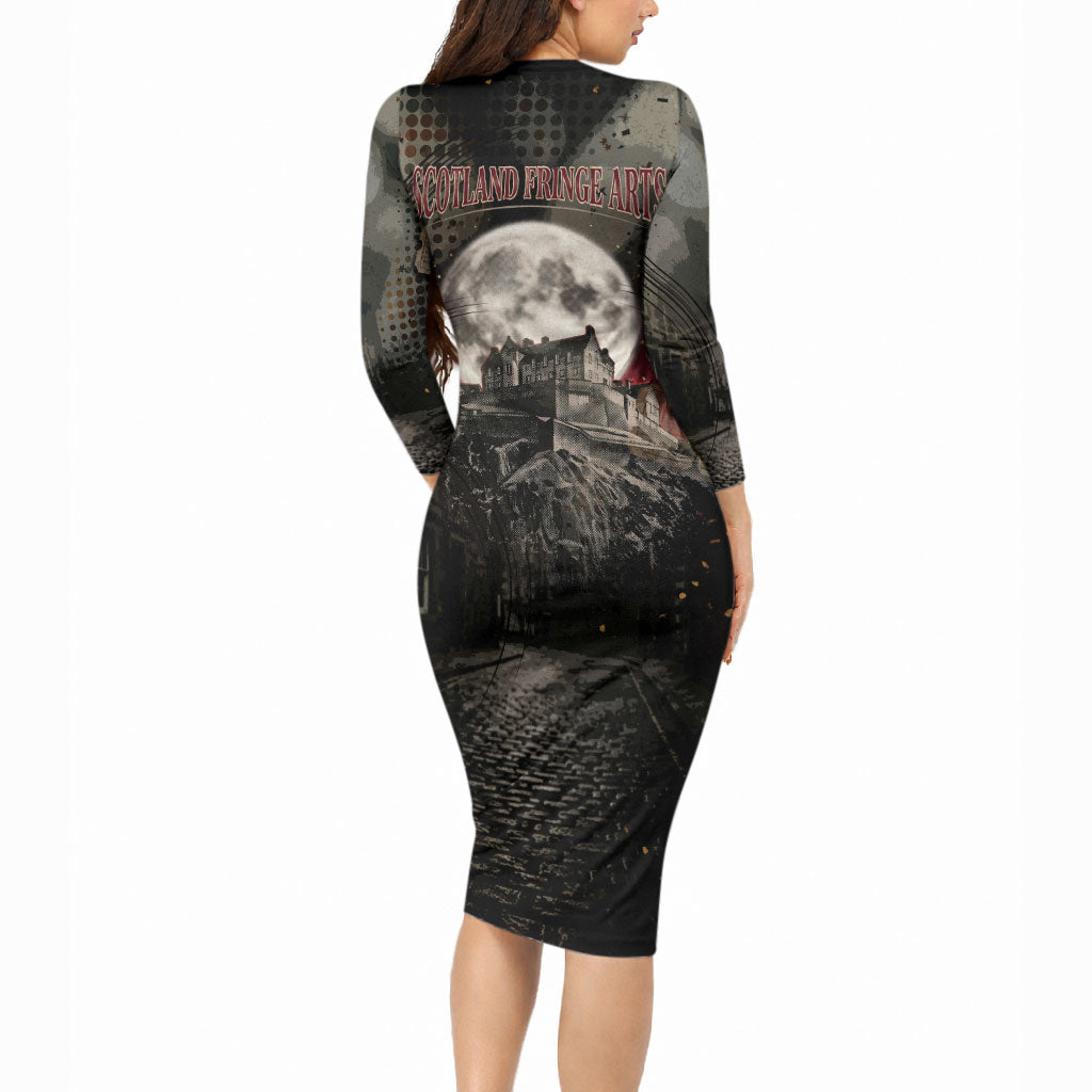 Edinburgh Fringe Long Sleeve Bodycon Dress Scotland Fringe Arts Comedy Tragedy Masks Castle Moon