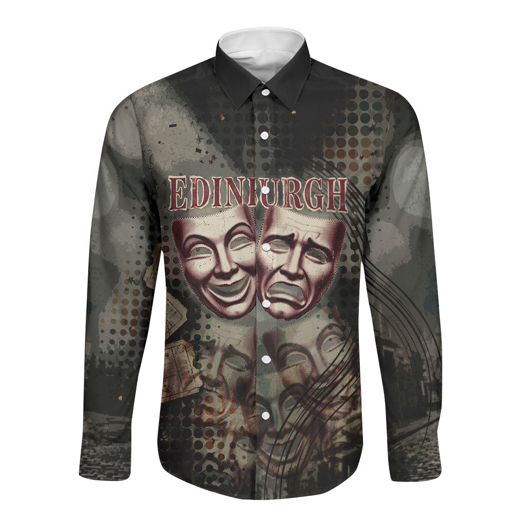 Edinburgh Fringe Long Sleeve Button Shirt Scotland Fringe Arts Comedy Tragedy Masks Castle Moon