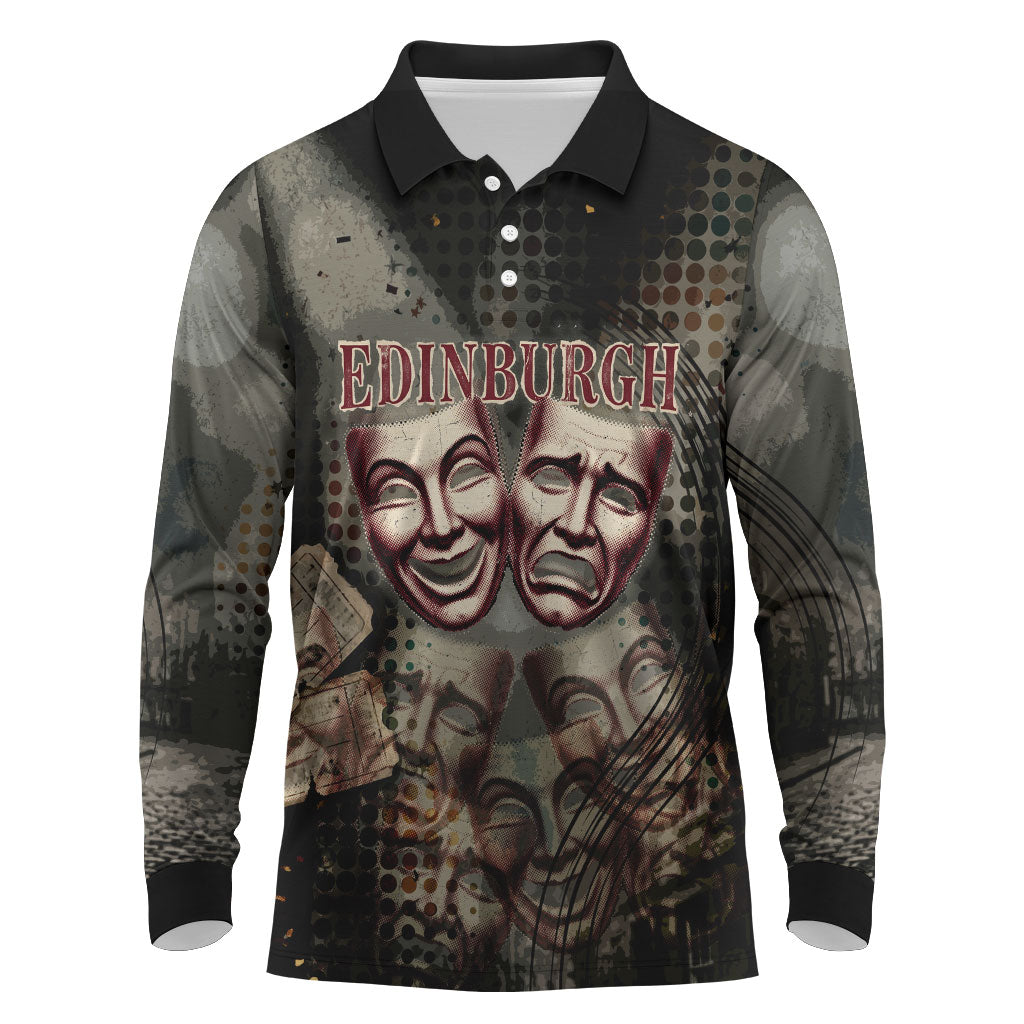 Edinburgh Fringe Long Sleeve Polo Shirt Scotland Fringe Arts Comedy Tragedy Masks Castle Moon