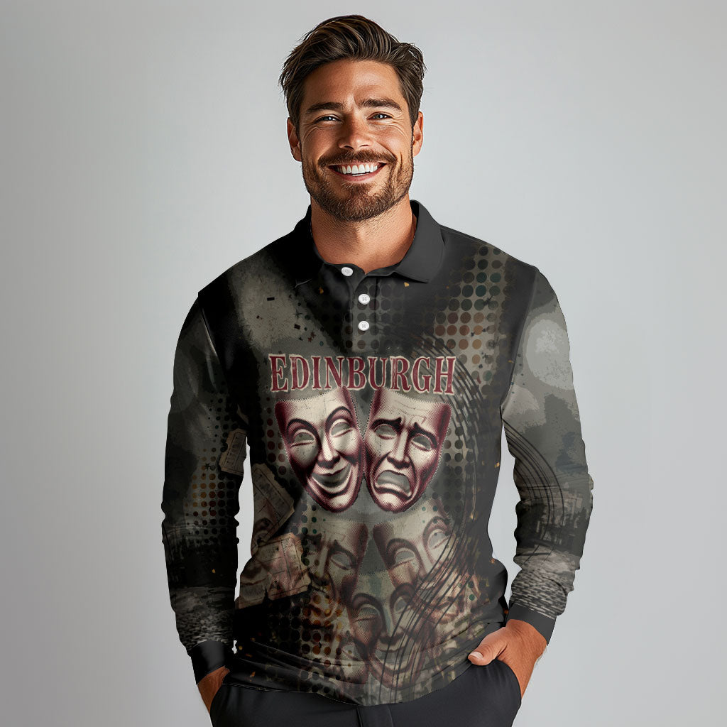 Edinburgh Fringe Long Sleeve Polo Shirt Scotland Fringe Arts Comedy Tragedy Masks Castle Moon