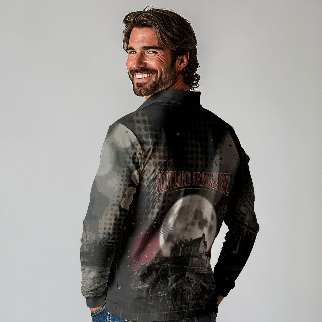 Edinburgh Fringe Long Sleeve Polo Shirt Scotland Fringe Arts Comedy Tragedy Masks Castle Moon