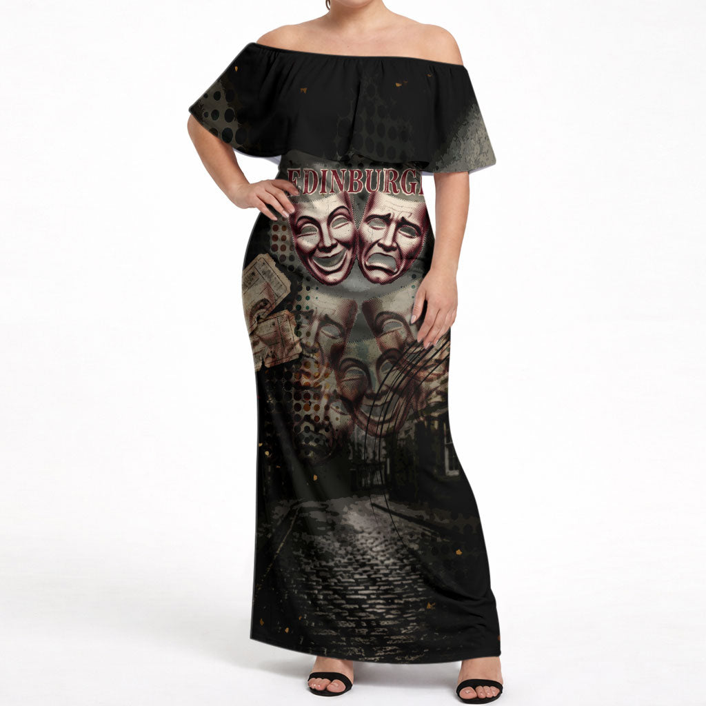 Edinburgh Fringe Off Shoulder Maxi Dress Scotland Fringe Arts Comedy Tragedy Masks Castle Moon