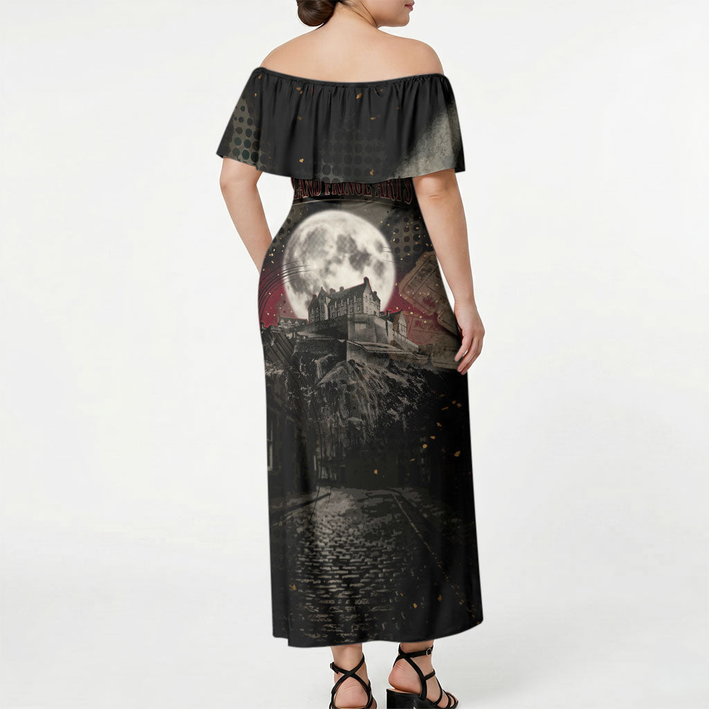 Edinburgh Fringe Off Shoulder Maxi Dress Scotland Fringe Arts Comedy Tragedy Masks Castle Moon