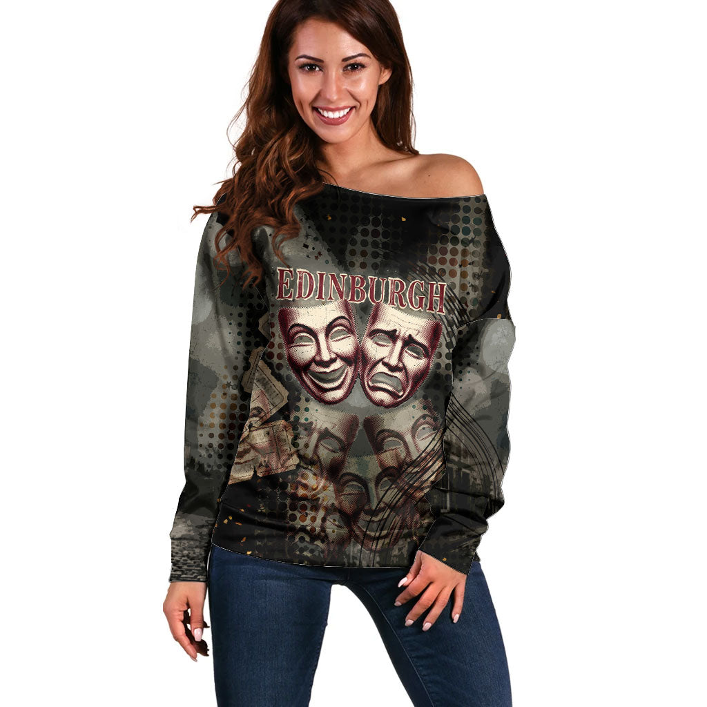 Edinburgh Fringe Off Shoulder Sweater Scotland Fringe Arts Comedy Tragedy Masks Castle Moon
