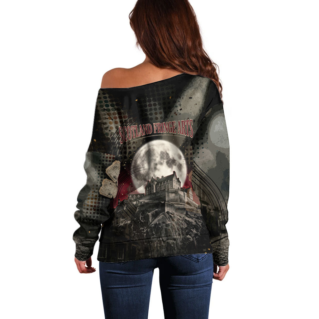 Edinburgh Fringe Off Shoulder Sweater Scotland Fringe Arts Comedy Tragedy Masks Castle Moon