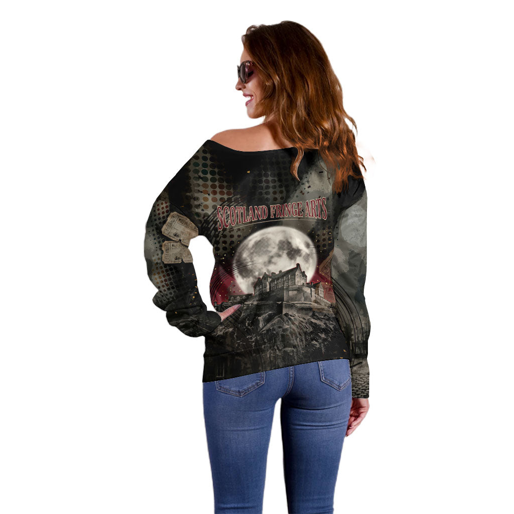 Edinburgh Fringe Off Shoulder Sweater Scotland Fringe Arts Comedy Tragedy Masks Castle Moon