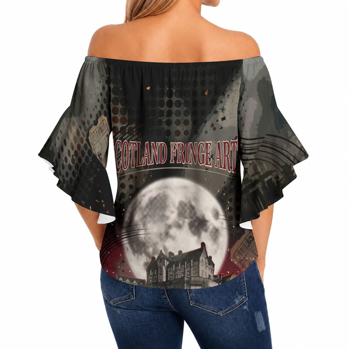 Edinburgh Fringe Off Shoulder Wrap Waist Top Scotland Fringe Arts Comedy Tragedy Masks Castle Moon