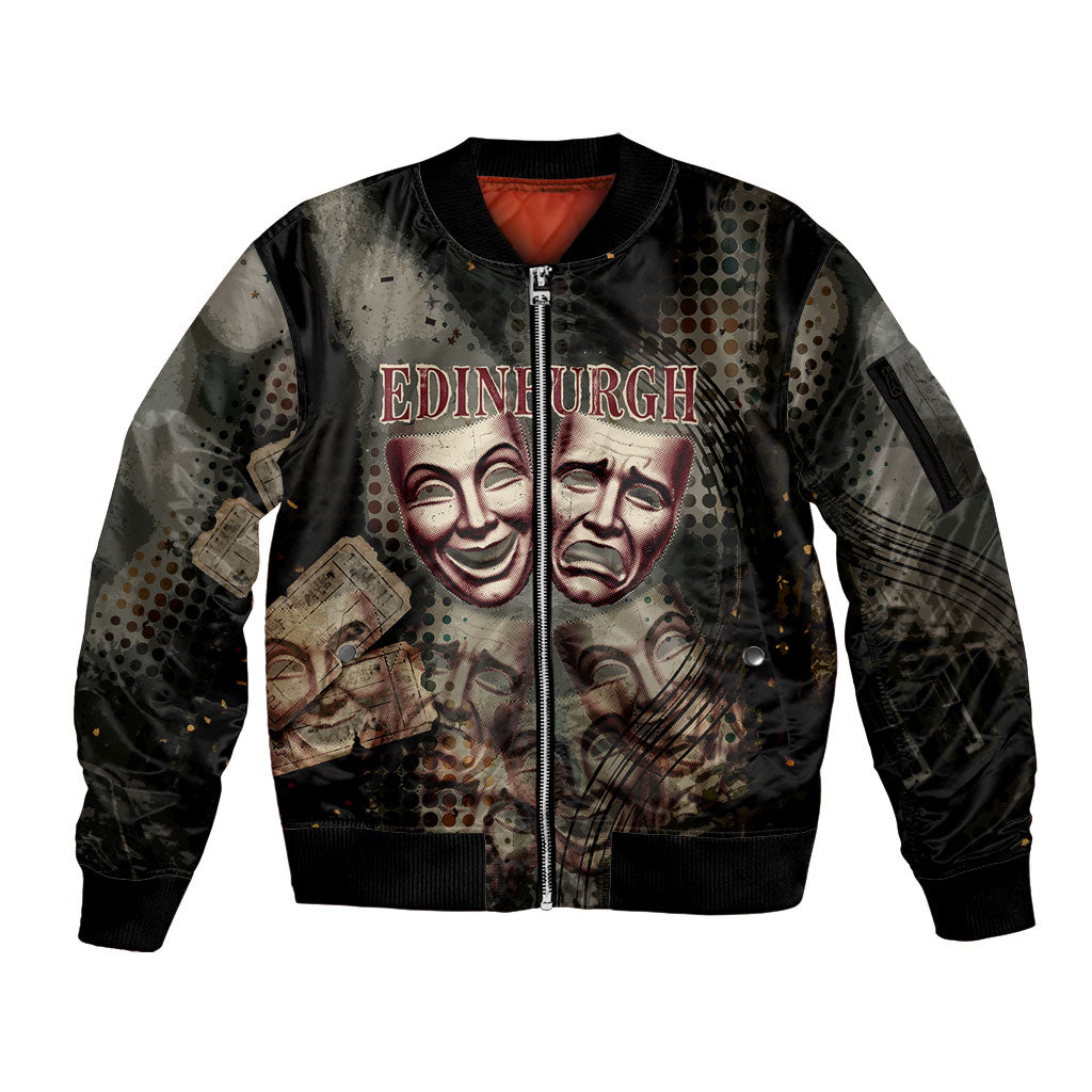 Edinburgh Fringe Sleeve Zip Bomber Jacket Scotland Fringe Arts Comedy Tragedy Masks Castle Moon