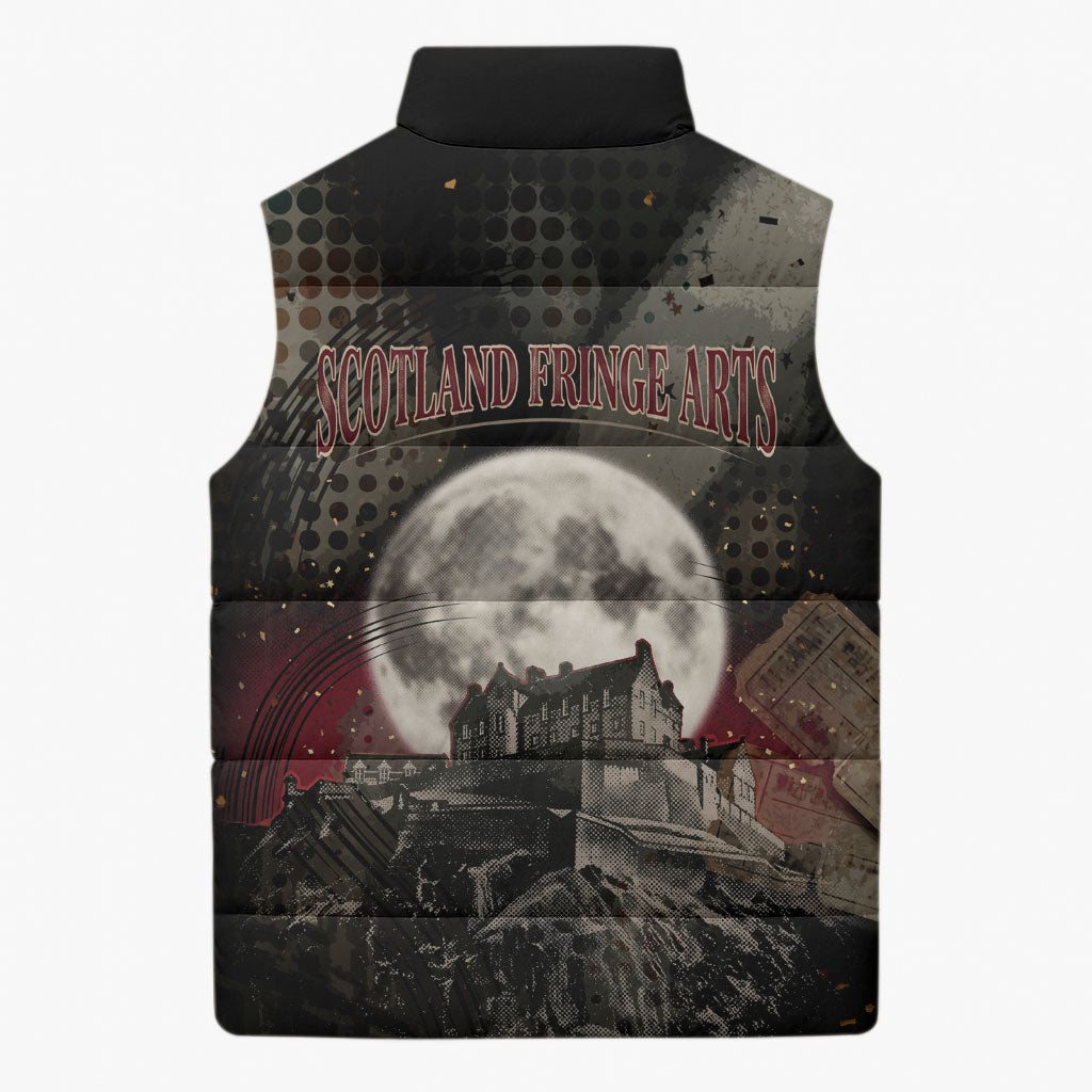 Edinburgh Fringe Sleeveless Puffer Jacket Scotland Fringe Arts Comedy Tragedy Masks Castle Moon