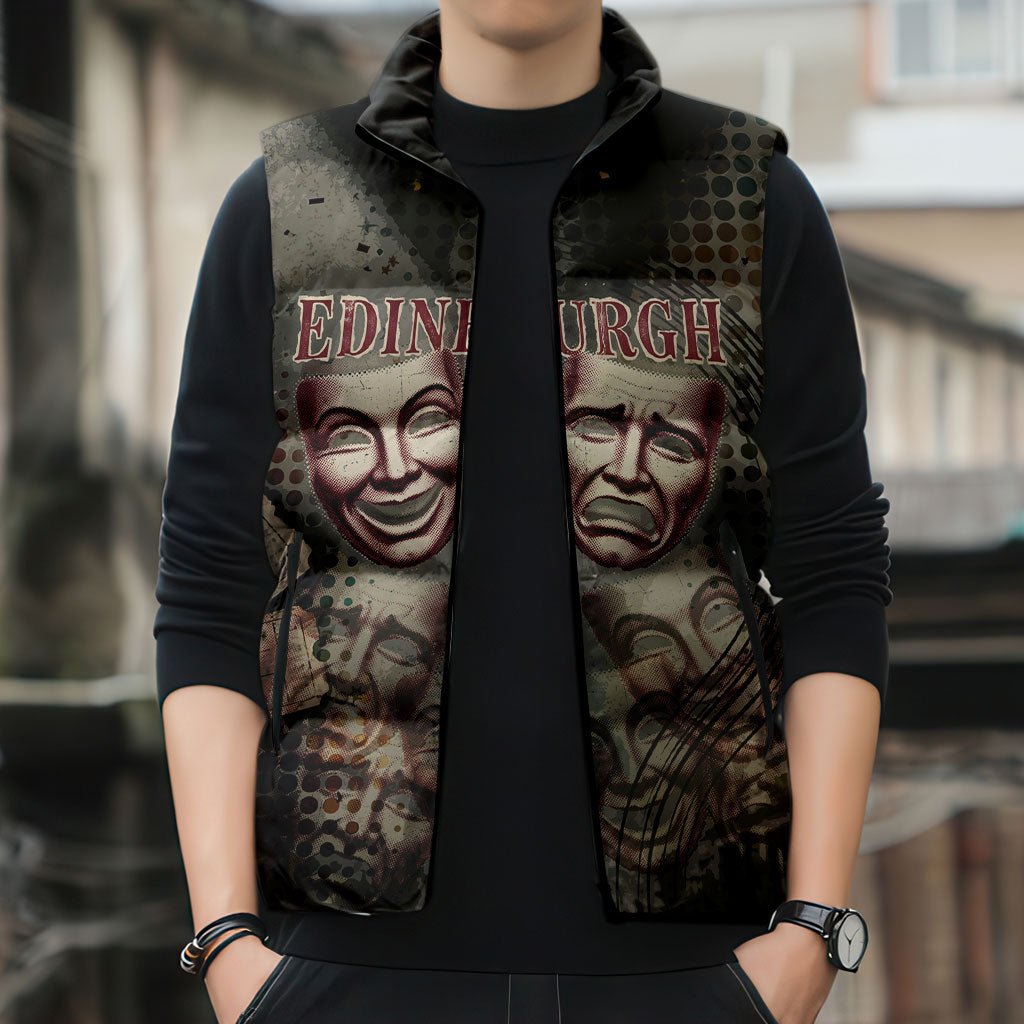 Edinburgh Fringe Sleeveless Puffer Jacket Scotland Fringe Arts Comedy Tragedy Masks Castle Moon