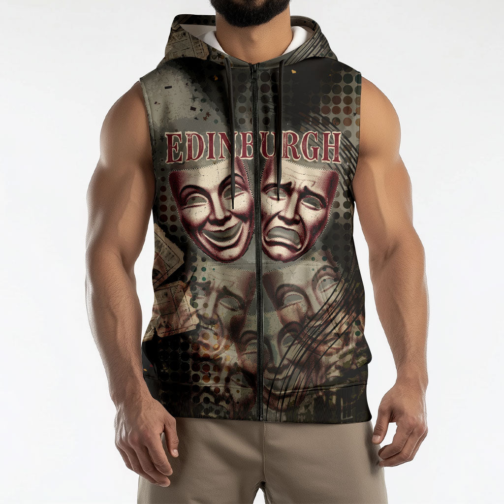 Edinburgh Fringe Sleeveless Zip Hoodie Scotland Fringe Arts Comedy Tragedy Masks Castle Moon