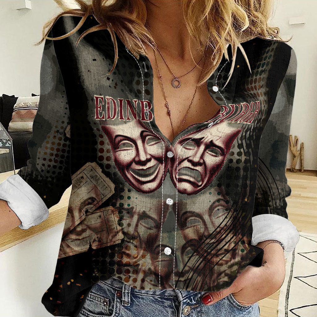 Edinburgh Fringe Women Casual Shirt Scotland Fringe Arts Comedy Tragedy Masks Castle Moon