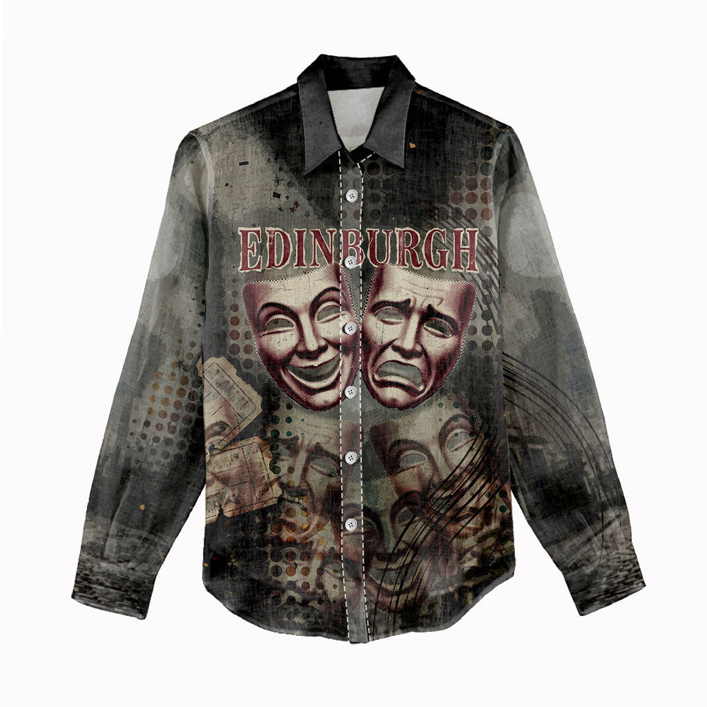 Edinburgh Fringe Women Casual Shirt Scotland Fringe Arts Comedy Tragedy Masks Castle Moon
