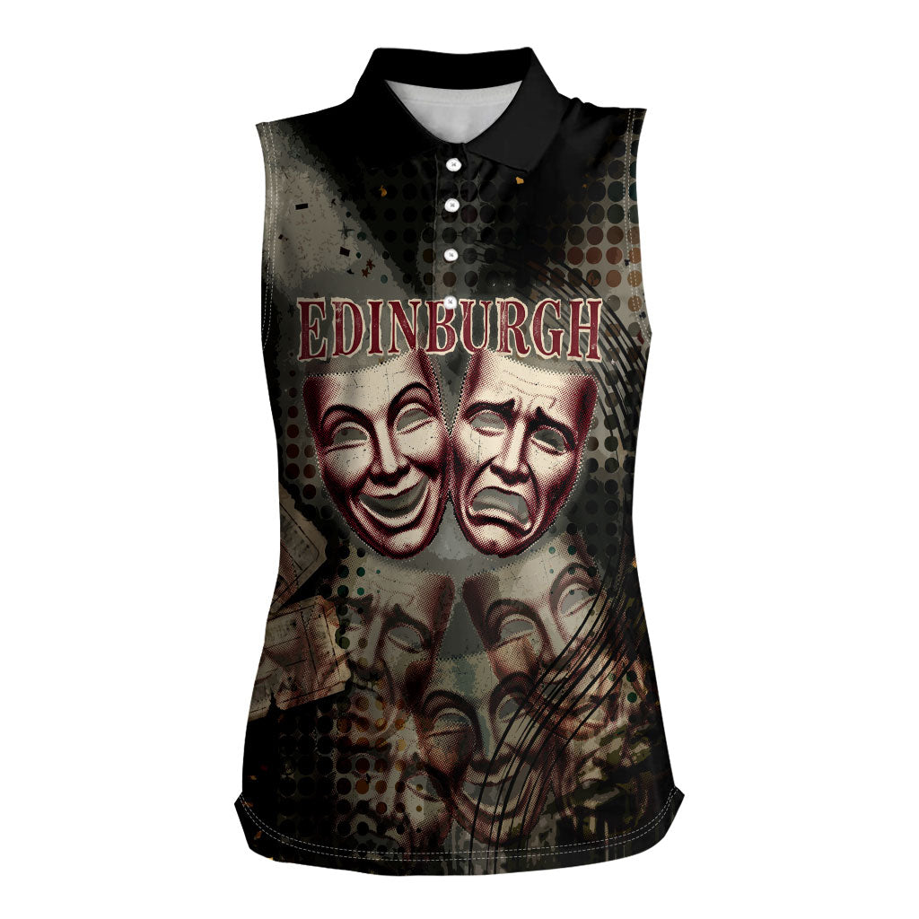 Edinburgh Fringe Women Sleeveless Polo Shirt Scotland Fringe Arts Comedy Tragedy Masks Castle Moon