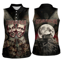 Edinburgh Fringe Women Sleeveless Polo Shirt Scotland Fringe Arts Comedy Tragedy Masks Castle Moon