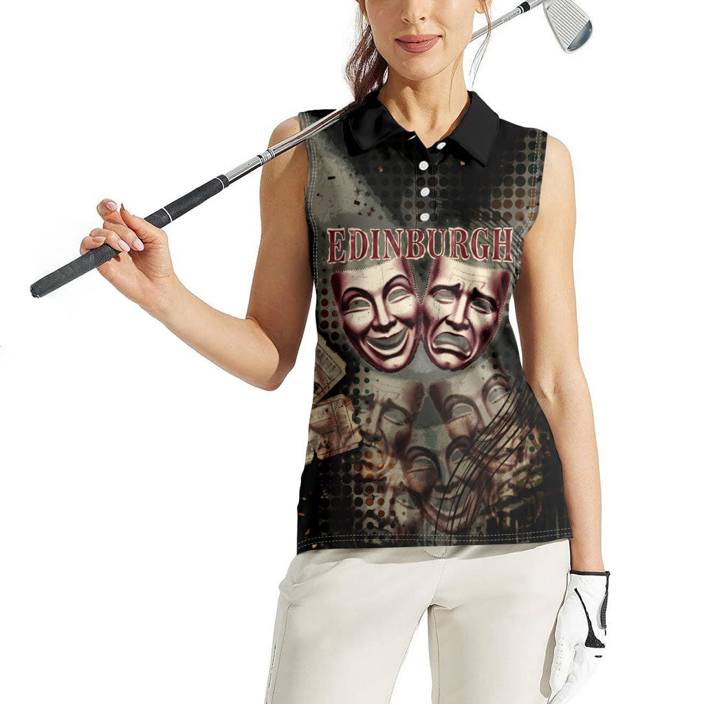 Edinburgh Fringe Women Sleeveless Polo Shirt Scotland Fringe Arts Comedy Tragedy Masks Castle Moon