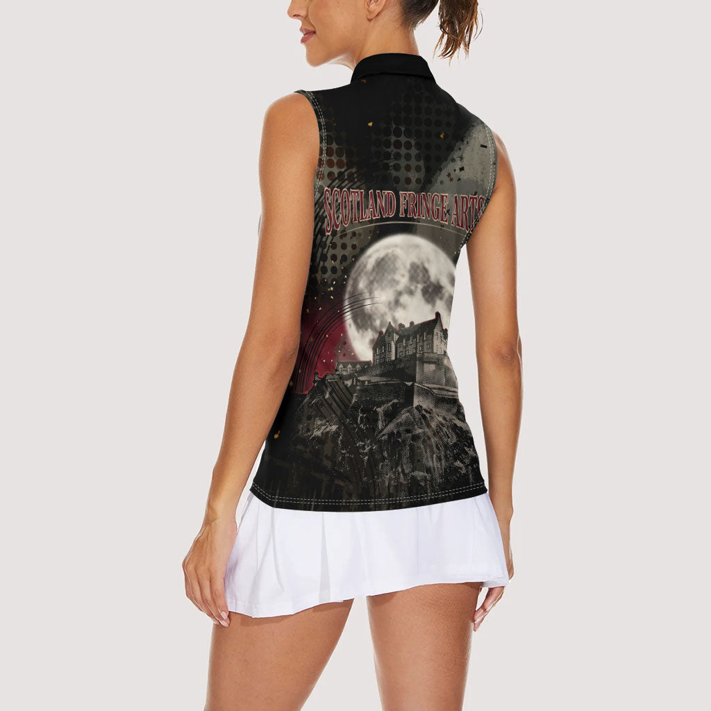 Edinburgh Fringe Women Sleeveless Polo Shirt Scotland Fringe Arts Comedy Tragedy Masks Castle Moon