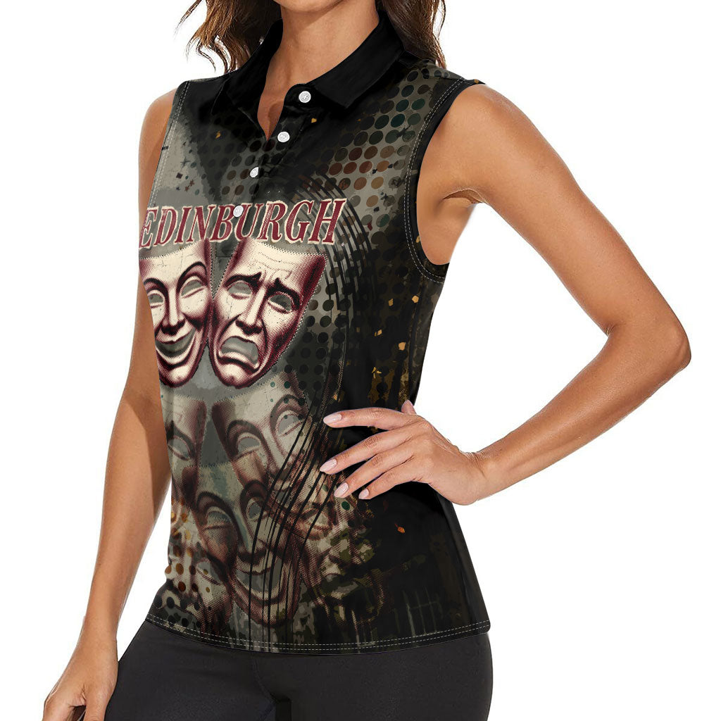 Edinburgh Fringe Women Sleeveless Polo Shirt Scotland Fringe Arts Comedy Tragedy Masks Castle Moon