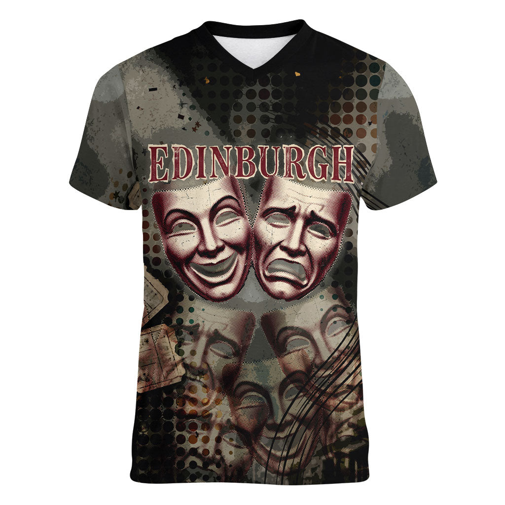 Edinburgh Fringe Women V-Neck T-Shirt Scotland Fringe Arts Comedy Tragedy Masks Castle Moon