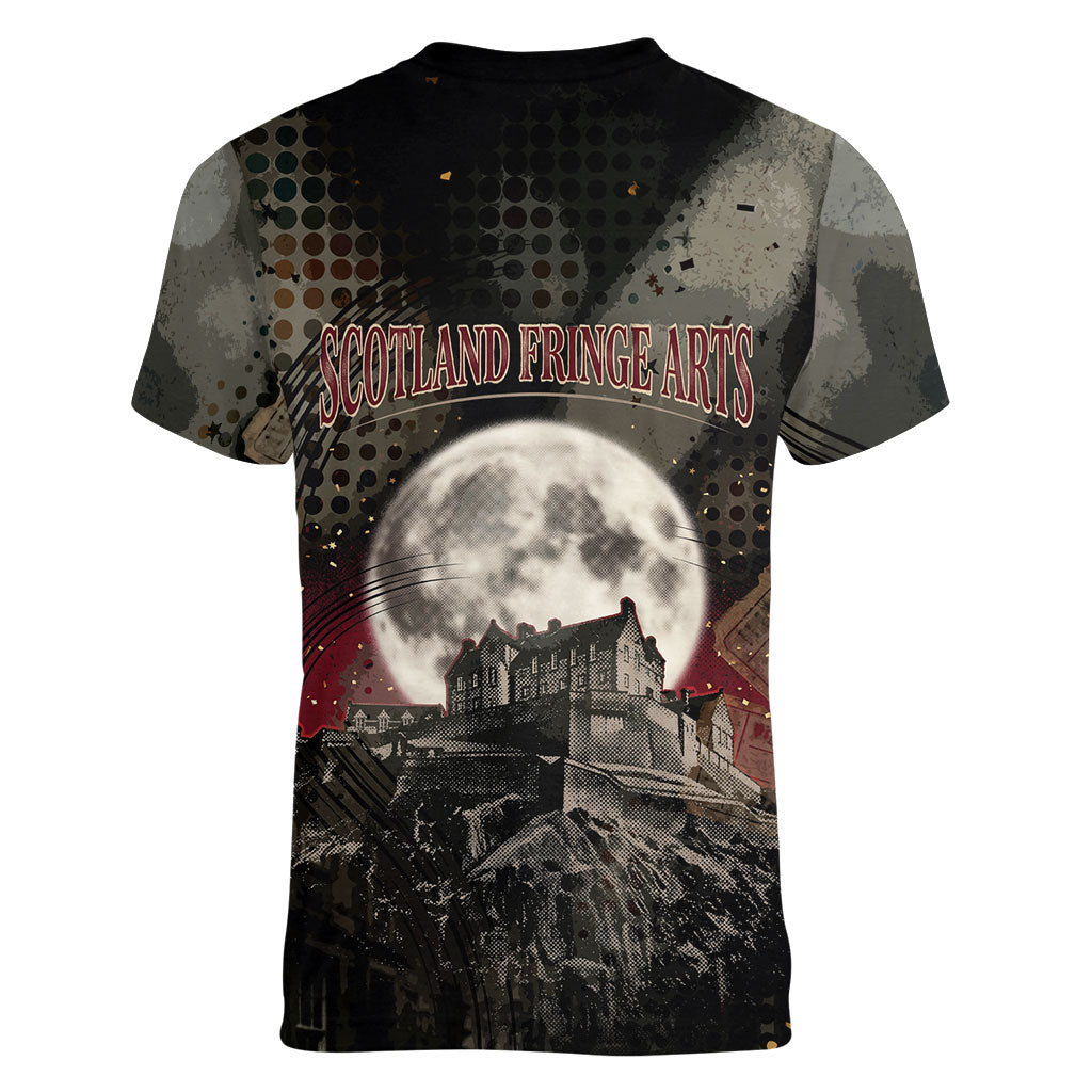 Edinburgh Fringe Women V-Neck T-Shirt Scotland Fringe Arts Comedy Tragedy Masks Castle Moon