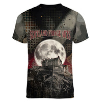 Edinburgh Fringe Women V-Neck T-Shirt Scotland Fringe Arts Comedy Tragedy Masks Castle Moon