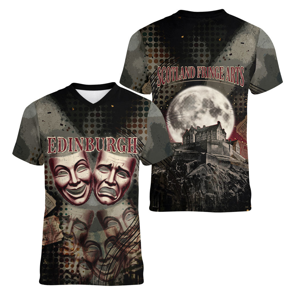 Edinburgh Fringe Women V-Neck T-Shirt Scotland Fringe Arts Comedy Tragedy Masks Castle Moon
