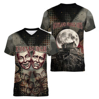 Edinburgh Fringe Women V-Neck T-Shirt Scotland Fringe Arts Comedy Tragedy Masks Castle Moon