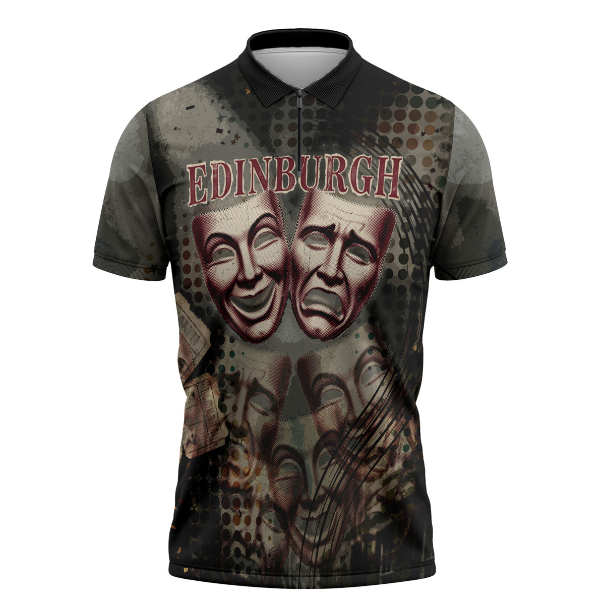 Edinburgh Fringe Zipper Polo Shirt Scotland Fringe Arts Comedy Tragedy Masks Castle Moon