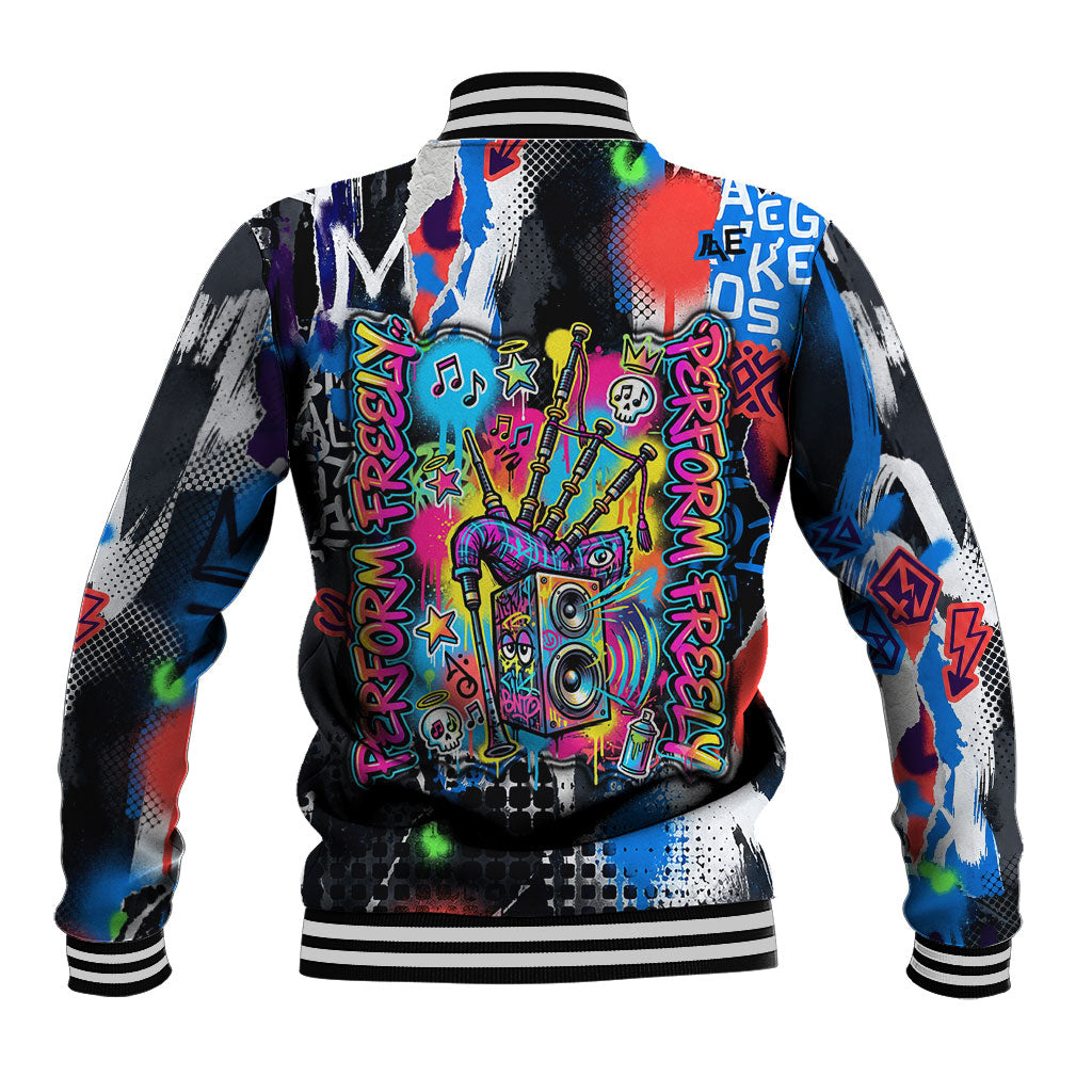 Edinburgh Fringe Festival Baseball Jacket Fringe Vibes Graffiti Seagull Scotland Bagpipes Street Art