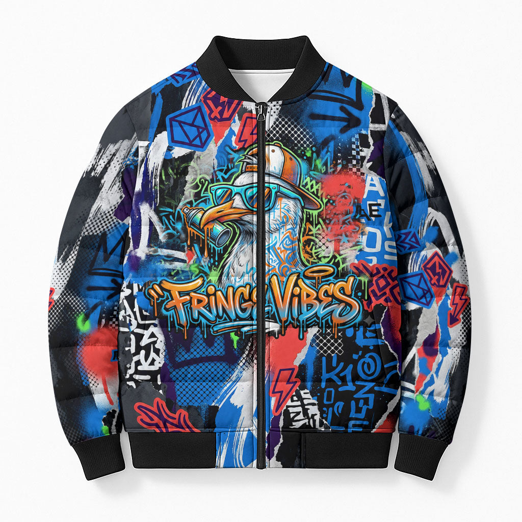 Edinburgh Fringe Festival Bomber Puffer Jacket Fringe Vibes Graffiti Seagull Scotland Bagpipes Street Art