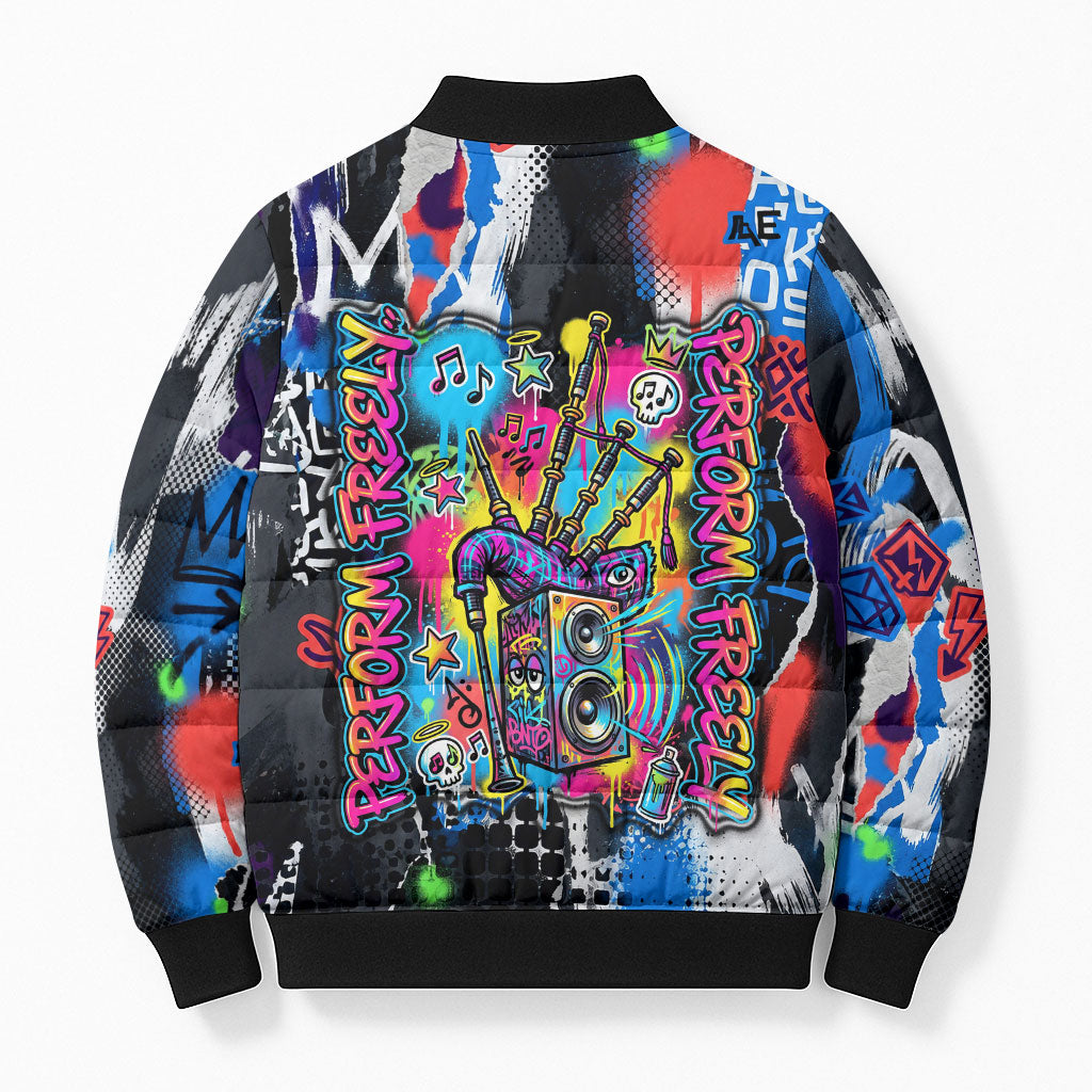 Edinburgh Fringe Festival Bomber Puffer Jacket Fringe Vibes Graffiti Seagull Scotland Bagpipes Street Art
