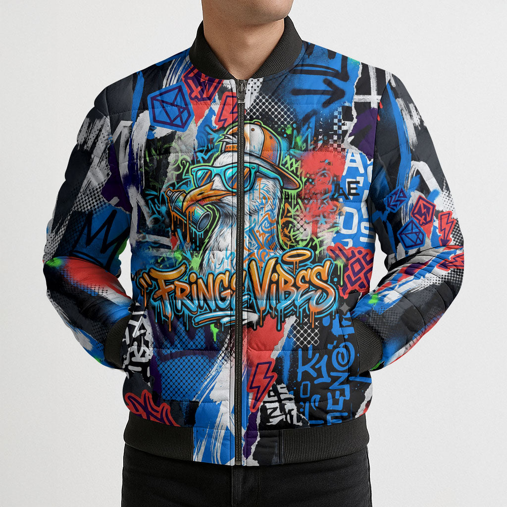 Edinburgh Fringe Festival Bomber Puffer Jacket Fringe Vibes Graffiti Seagull Scotland Bagpipes Street Art