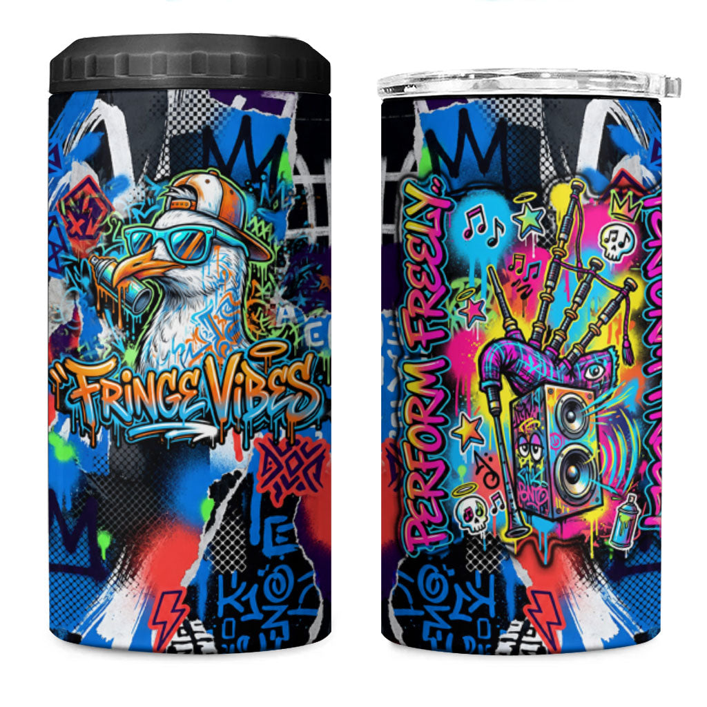 Edinburgh Fringe Festival 4 in 1 Can Cooler Tumbler Fringe Vibes Graffiti Seagull Scotland Bagpipes Street Art