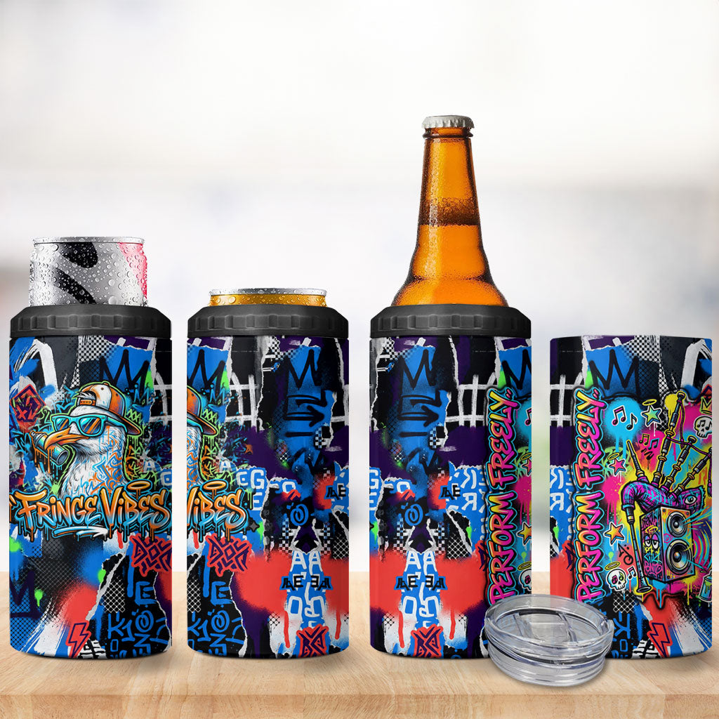Edinburgh Fringe Festival 4 in 1 Can Cooler Tumbler Fringe Vibes Graffiti Seagull Scotland Bagpipes Street Art