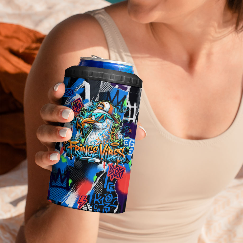 Edinburgh Fringe Festival 4 in 1 Can Cooler Tumbler Fringe Vibes Graffiti Seagull Scotland Bagpipes Street Art
